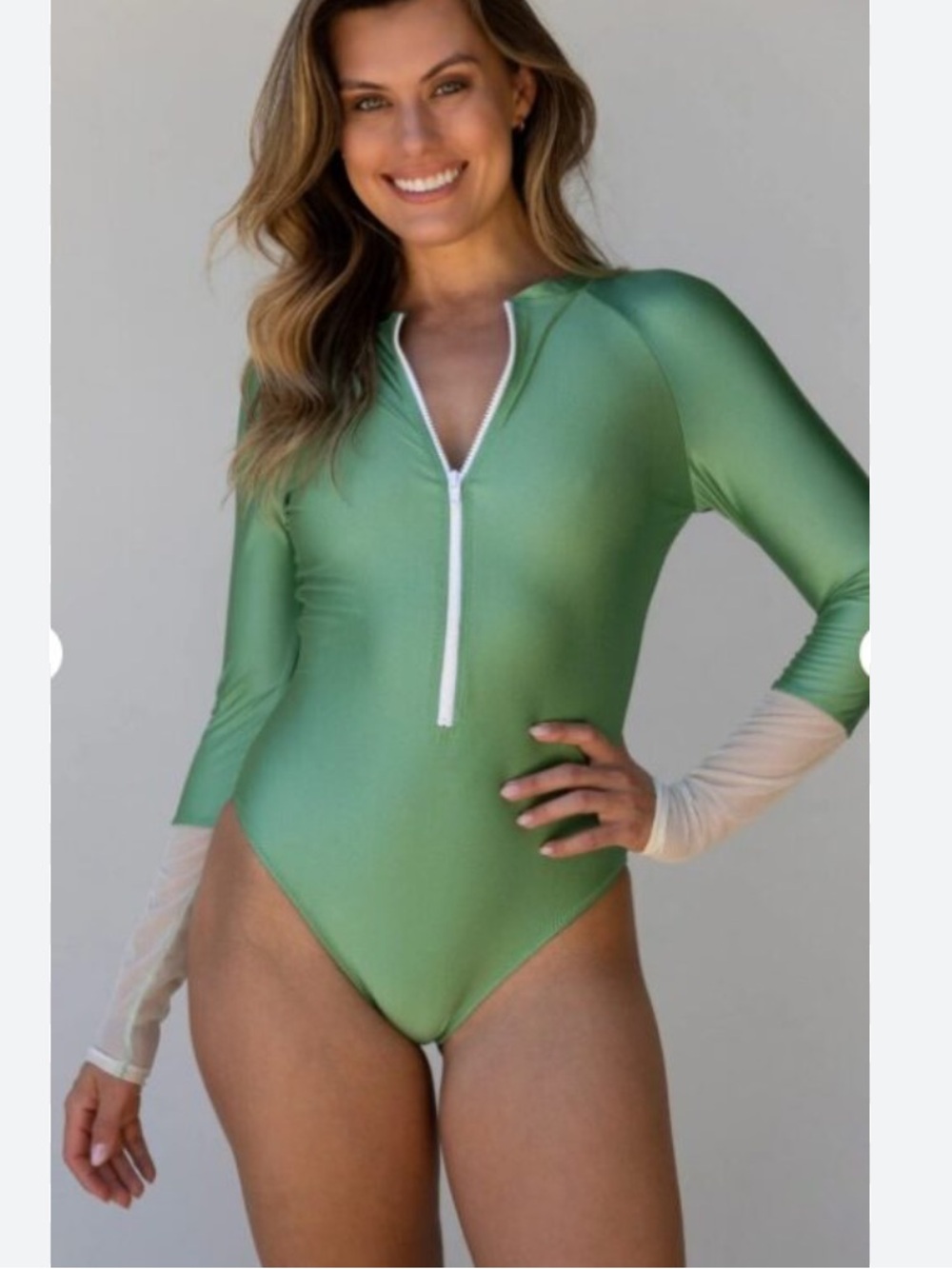 WET Swim Hazel Long Sleeve Green Zip-Front One-piece NWT